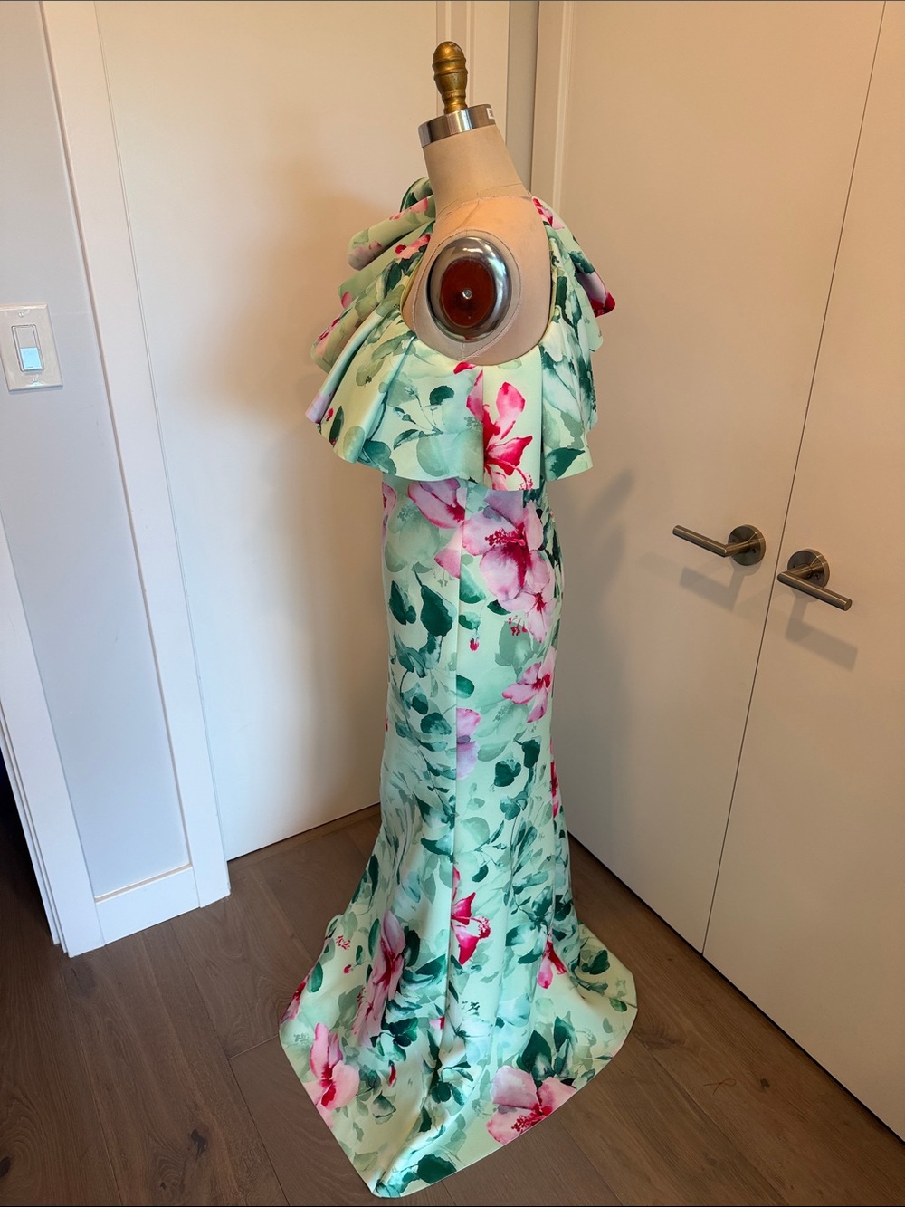 Badgley Mischka Mint Floral One-Shoulder Ruffle Gown - Picture 2 of 5